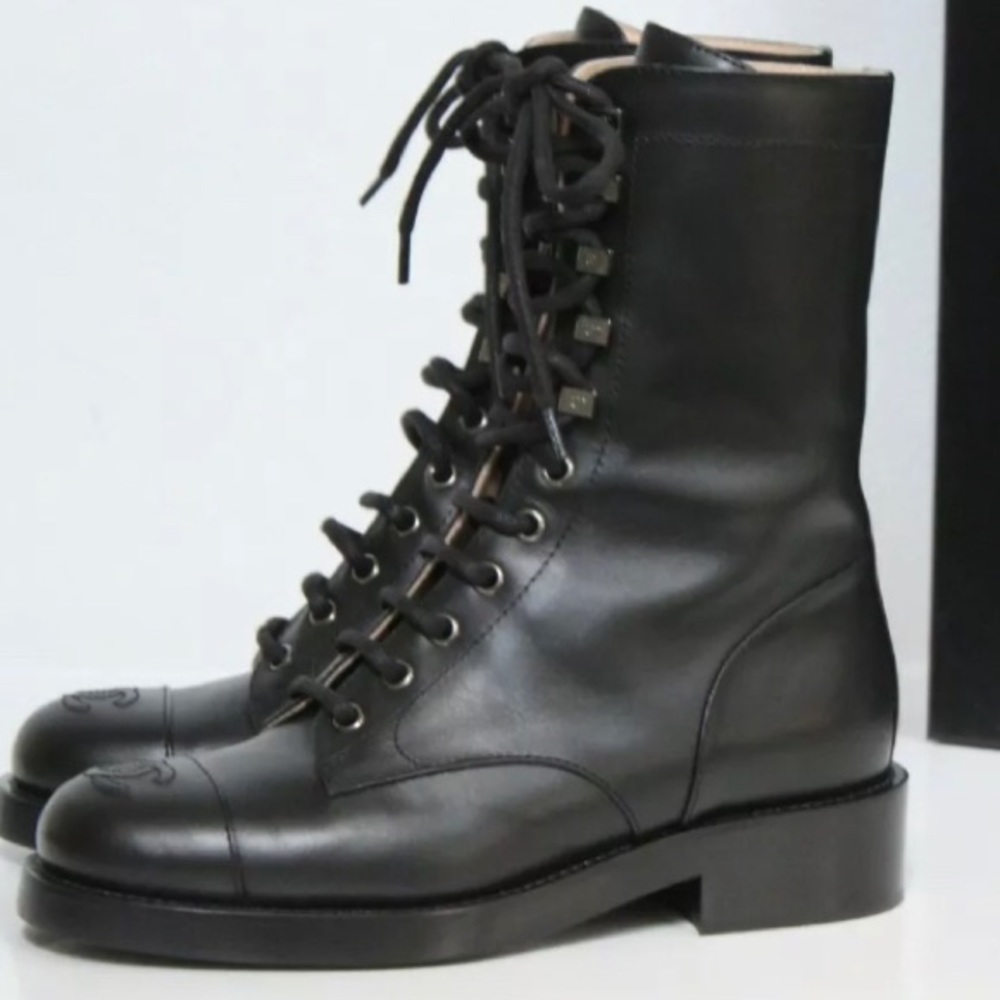 New CHANEL Black Lace up Combat Boots